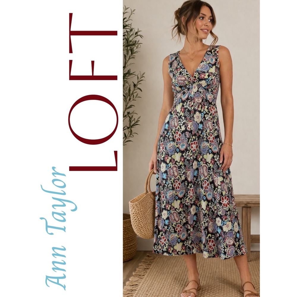 LOFT Floral Boho Midi Dress Brown Multicolor Sleeveless V-Neck Fit & Flare, Sz 2